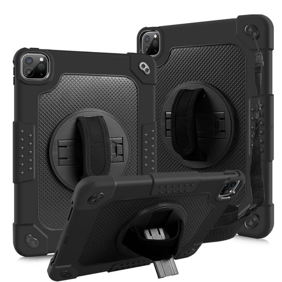 FIEWESEY for iPad Air 6th Gen Case, Hand Strap Rotatable Stand Kids Shockproof Cover for iPad Air (6th,5th and 4th Gen)/iPad Pro 11 2020/2018/2021/2022/2024 Tablet(Black/Black)