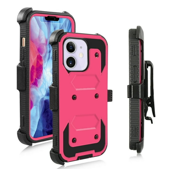 FIEWESEY for iPhone 13 Case, Heavy Duty Shock-Absorption/High Impact Resistant Armor Holster Defender Case with Kickstand Swivel Belt Clip Holster for Apple iPhone 13 (Pink)