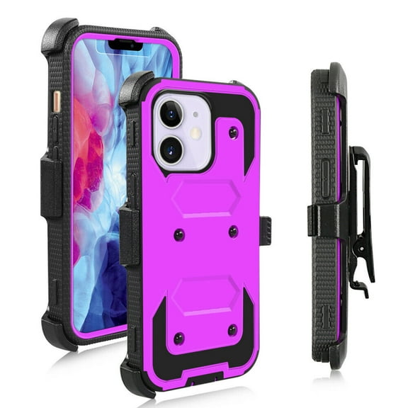 FIEWESEY for iPhone 13 Case, Heavy Duty Shock-Absorption/High Impact Resistant Armor Holster Defender Case with Kickstand Swivel Belt Clip Holster for Apple iPhone 13 (Purple)