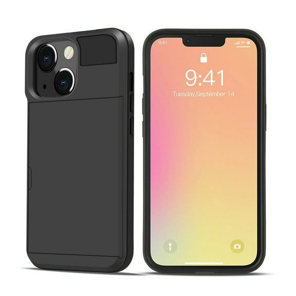 FIEWESEY for iPhone 13 Mini Phone Case,Ultra-Thin Sliding Credit Card Slot, Full Body Protective Shell, Scratch-Resistant Shock-Proof Protective Cover for Apple iPhone 13 Mini 5.4 Inch(Black)