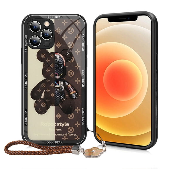 FIEWESEY iPhone 14 Case,iPhone 14 Pro Case,iPhone 14 Pro Max Case,Luxury Cool Bear Shockproof Glass Case Cover With Hand Strap for iPhone 14 Series - iPhone 14(Brown with Strap)