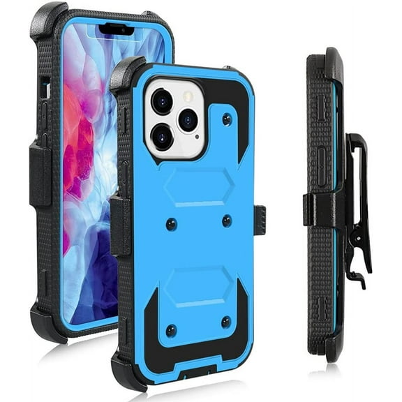 FIEWESEY for iPhone 14 Plus Phone Case,High Impact Resistant Armor Holster Case with Kickstand+Swivel Belt Clip Holster Built-in Screen Protector for iPhone 14 Plus(Blue)