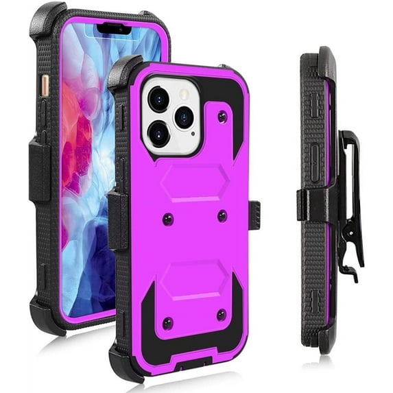 FIEWESEY for iPhone 14 Plus Phone Case,High Impact Resistant Armor Holster Case with Kickstand+Swivel Belt Clip Holster Built-in Screen Protector for iPhone 14 Plus(Purple)