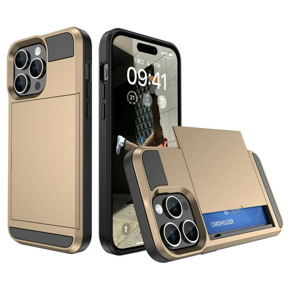 FIEWESEY for iPhone 15 Case,for iPhone 15 Pro Case,for iPhone 15 Plus Case,for iPhone 15 Pro Max Case,Card Holder Protective Shockproof Hidden Card Slot Wallet Case for iPhone 15 Pro Max(Gold)