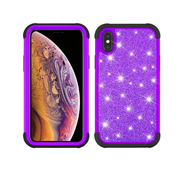 FIEWESEY For iPhone X Phone Case, Cute Shockproof Glitter Sparkle Bling Silicone PC Hybrid Armor Phone Case Cover for Apple iPhone X/XS 5.8 Inch(Black+Purple)