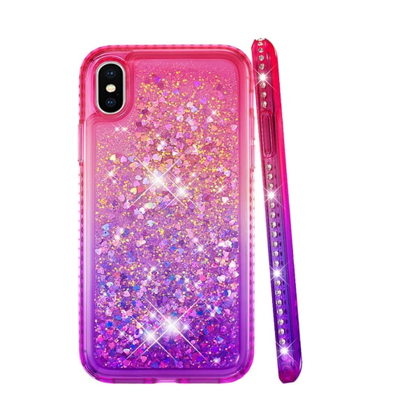 FIEWESEY for iPhone XS Case,Liquid Glitter Diamond Quicksand Cute TPU Protective Cover for Girls and Women Phone Case for iPhone X/iPhone XS 5.8 Inch(Red/Purple)