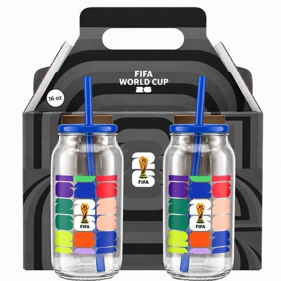 FIFA World Cup 2026 Trophy Glass Sippers Set of 2 with Lid & Straw, Blue