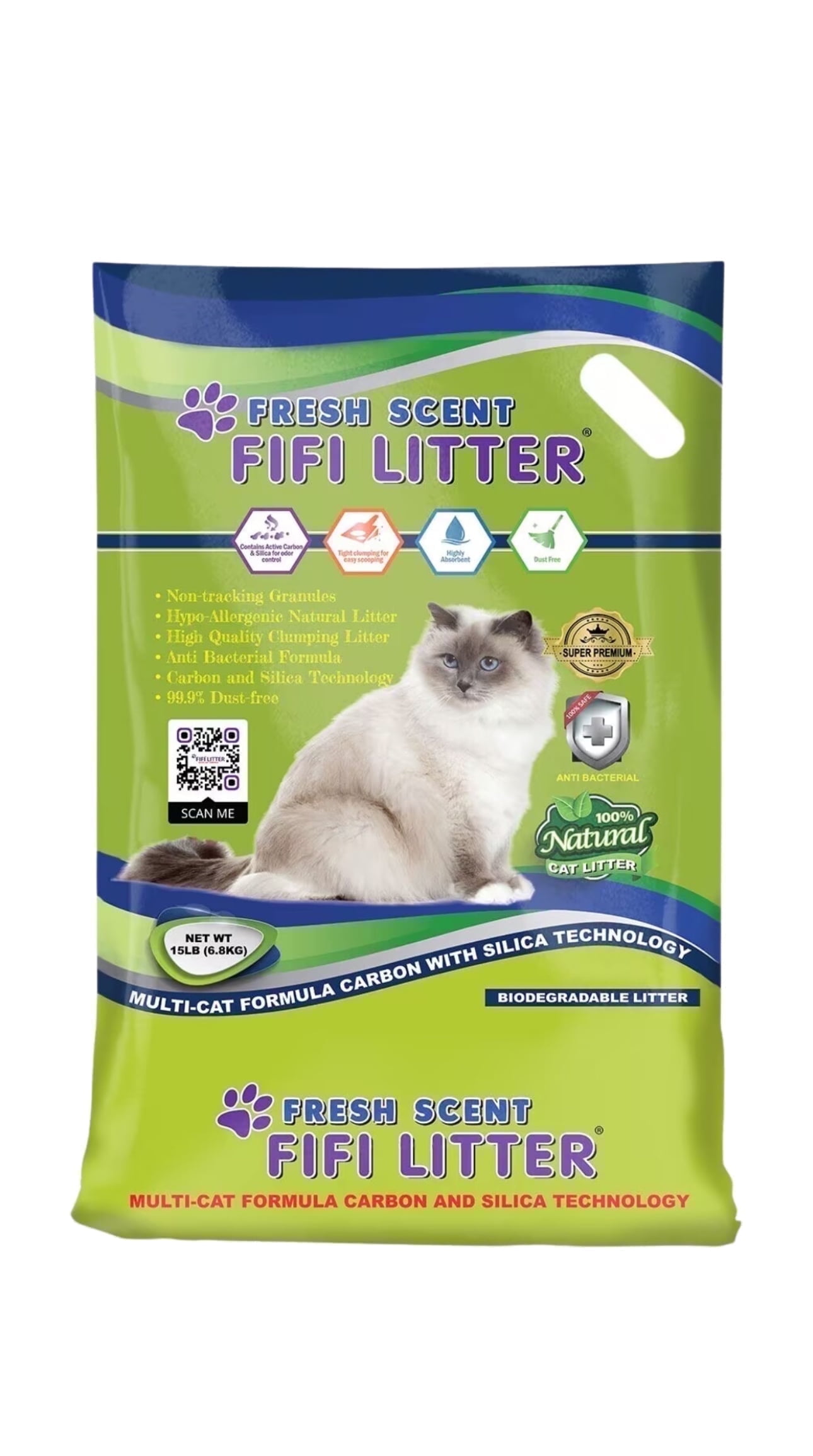 FIFI Litter 15 lb. Multi-Cat Formula, Fresh Scent, All Natural, Clumping Cat Litter, Dust-Free, 1 Bag