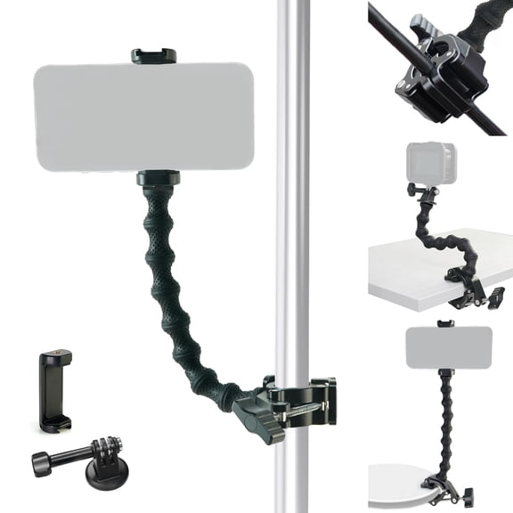 FIFIELD Gooseneck Phone Clamp Mount with Super Clamp - 360 Adjustable Phone Stand Compatible with iPhone 16-6, 360 Action Camera & 0.7-2" Devices for Desk/Outdoor/Video Creation