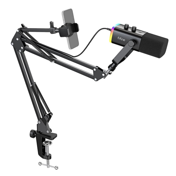 FIFINE AM8 Dynamic Microphone with Boom Arm Stand, USB XLR Gaming Microphone Kit for PC Computer PS5 with RGB, Headphone Jack, Phone Holder AM8T NEO
