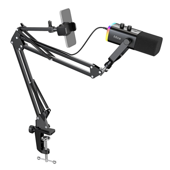 FIFINE AM8 Dynamic Microphone with Boom Arm Stand, USB XLR Gaming Microphone Kit for PC Computer PS5 with RGB, Headphone Jack, Phone Holder AM8T NEO