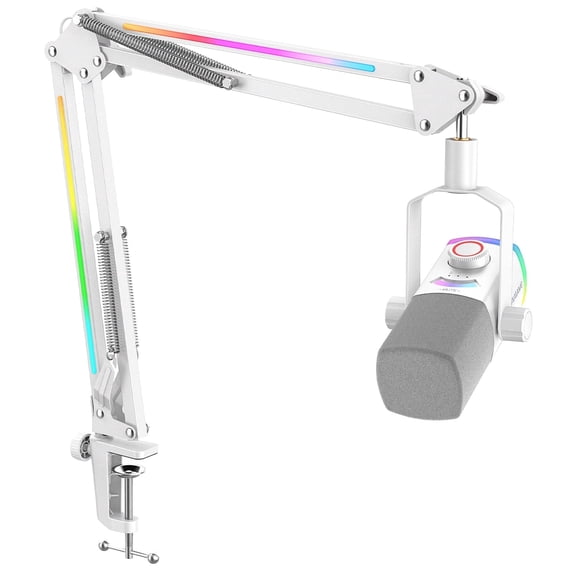 FIFINE AM8 Gaming Microphone Kit with Software, RGB Boom Arm Stand, USB/XLR Dynamic PC Microphone for Computer PS5 with Mute, Headphone Jack, AM8PROT White