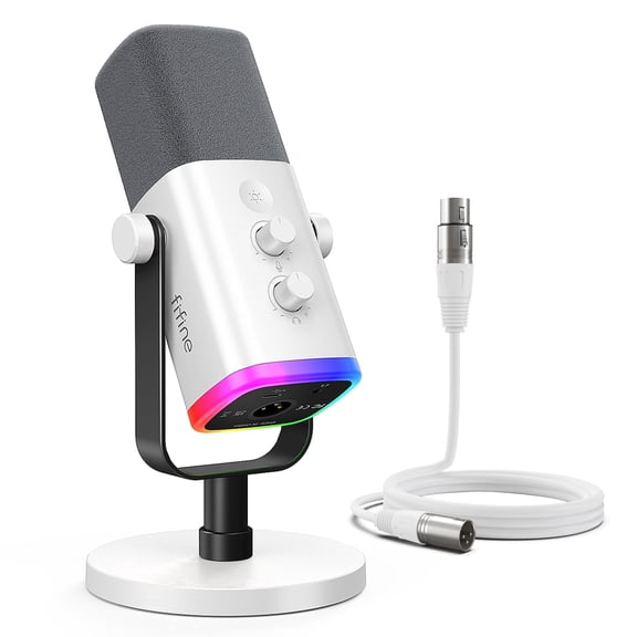 FIFINE AM8 XLR USB Dynamic Microphone for Computer PC PS5, Gaming/Streaming Mic with RGB, Headphone Jack, Mute, Gain Knob for Podcast, Music Recording, White