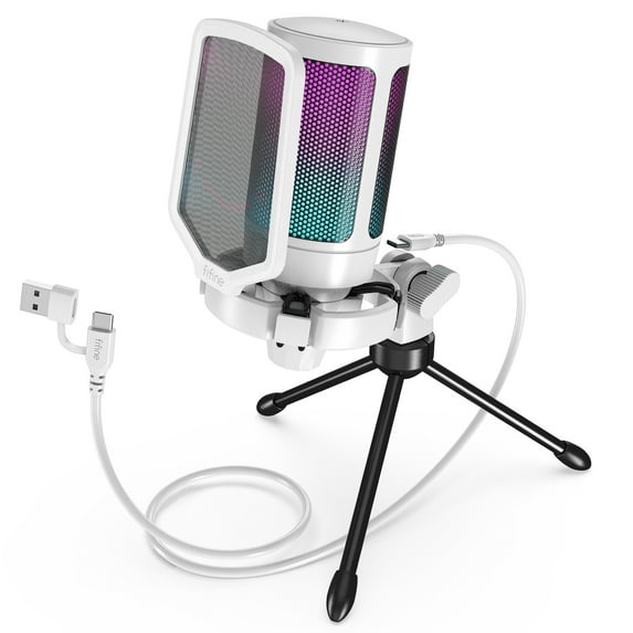 FIFINE A6V Gaming Microphone for PC Computer PS5 PS4 Laptop, USB Streaming Microphone with 192kHz High-Res, RGB, Condenser, Mute, Gain Control, White
