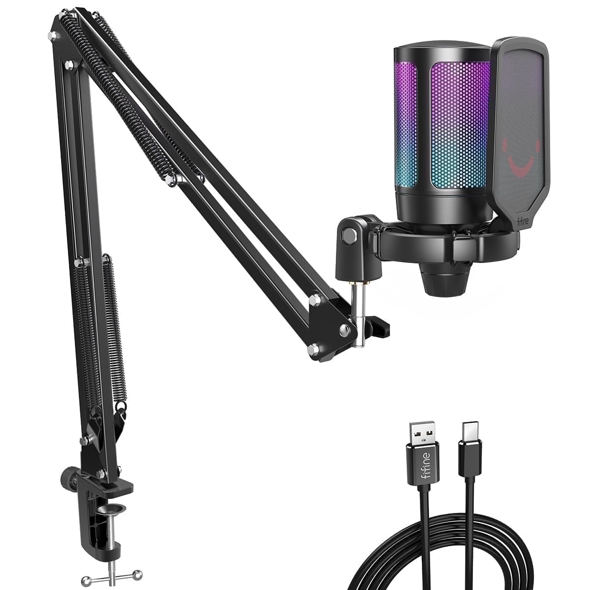 FIFINE A6T Gaming Microphone Kit for PC Computer PS5/4, USB Streaming Microphone with 192kHz High-Res, Boom Arm, RGB, Condenser, Mute, Gain Control