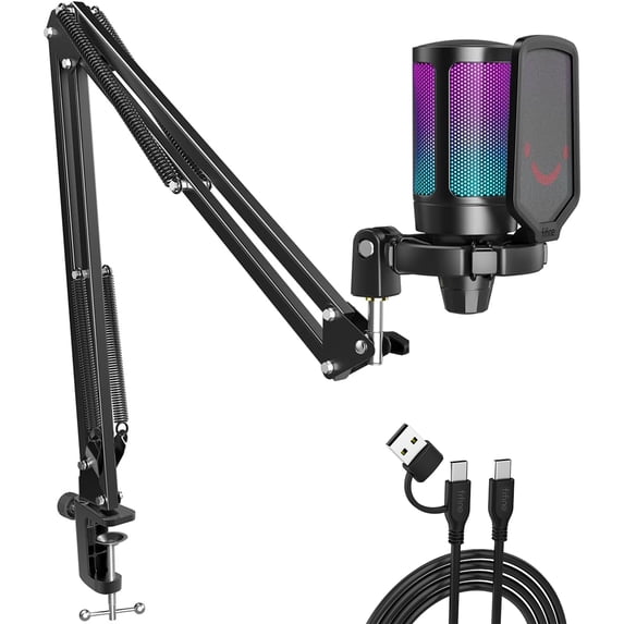 FIFINE A6T Gaming Microphone Kit for PC Computer PS5/4, USB Streaming Microphone with 192kHz High-Res, Boom Arm, RGB, Condenser, Mute, Gain Control