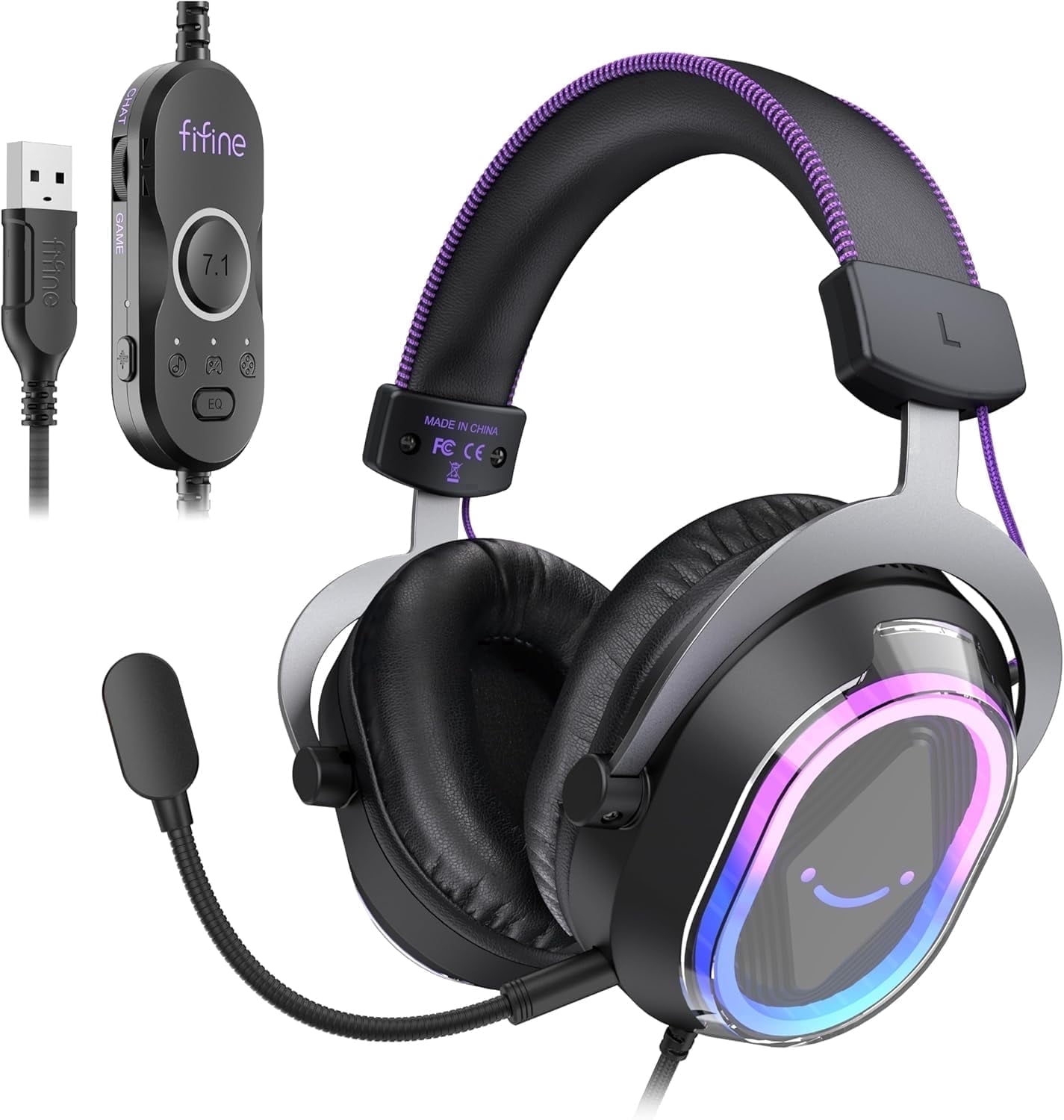 Auriculares gamer FIFINE con cable USB, micrófono con cancelación de ruido, para PC, PS5/PS4, control RGB, sonido 7.1, balance chat/juego H13