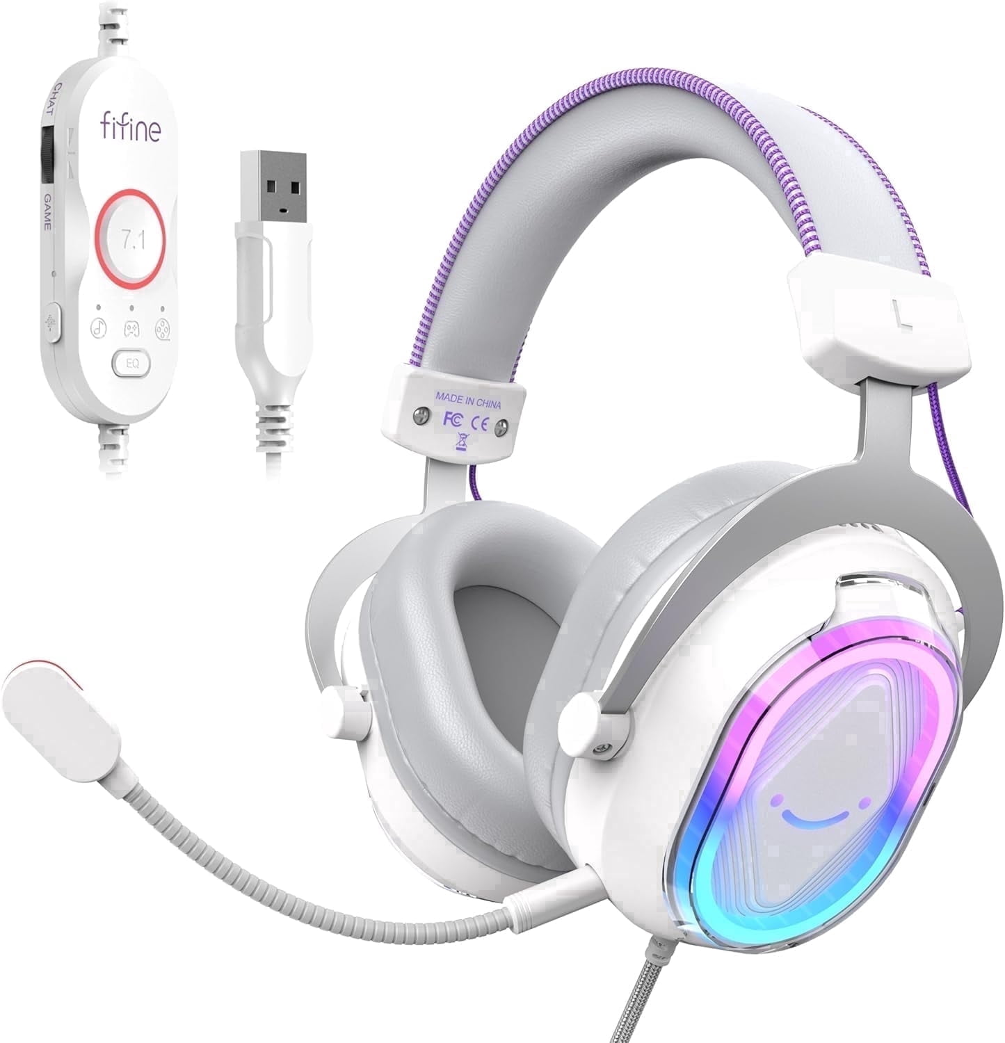 FIFINE Wired Gaming Headset with Noise Canceling Mic, USB Gamer Headphone for PC Computer, PS5/PS4 with RGB Control, 7.1 Sound, Chat/Game Balance, White H13