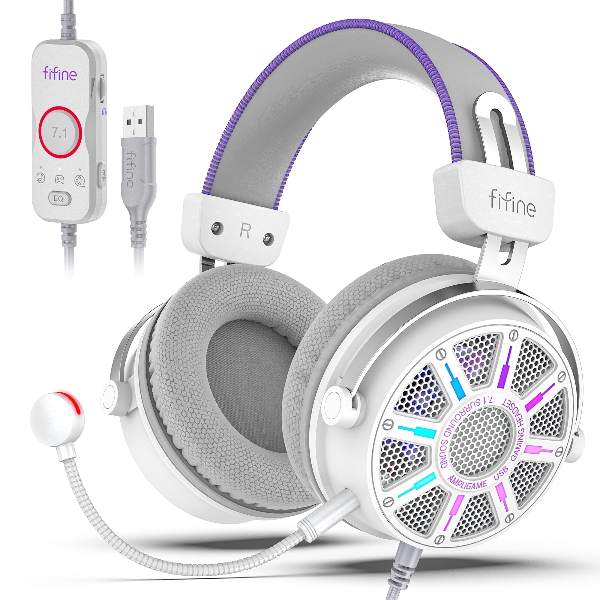 FIFINE Open-Back Gaming Headset for PC Computer, PS5/PS4, Wired Headphones with Noise-Cancelling Microphone, 7.1 Surround Sound, EQ Modes, RGB Lighting, White