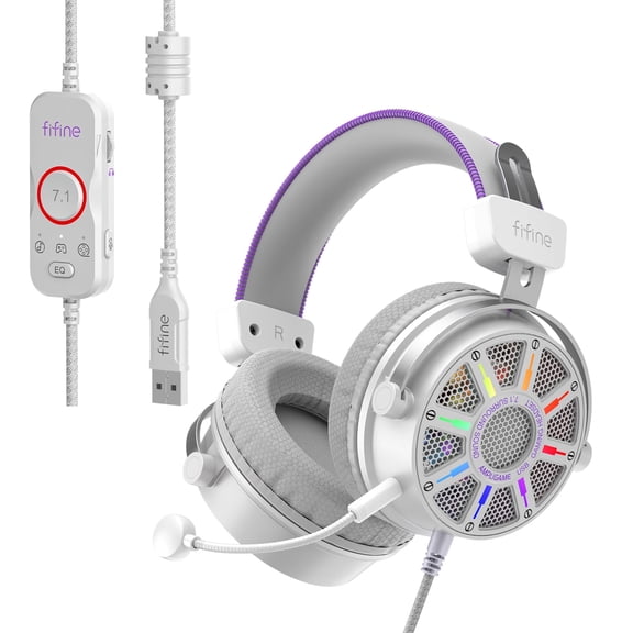 FIFINE Open-Back Gaming Headset with Microphone, USB Wired Big Over-Ear Headset for PC PS5, 7.1 Surround Sound, EQ Modes, RGB Lighting Switch