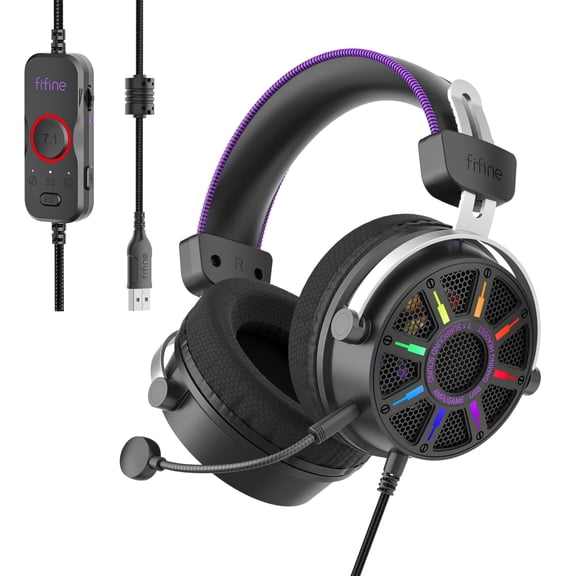 FIFINE H19 Open-Back Gaming Headset with Microphone, Wired Big Over-Ear Open-Back Headphones for PC PS5, 7.1 Surround Sound, EQ Modes, RGB Lighting Switch