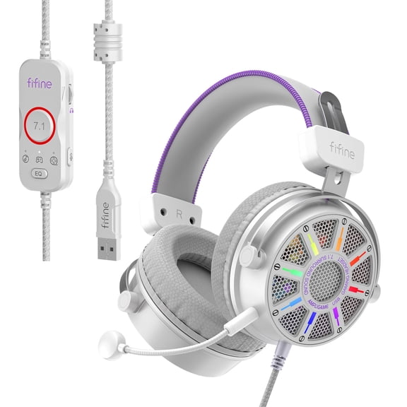 FIFINE Open-Back Gaming Headset with Microphone, USB Wired Big Over-Ear Headset for PC PS5, 7.1 Surround Sound, EQ Modes, RGB Lighting Switch