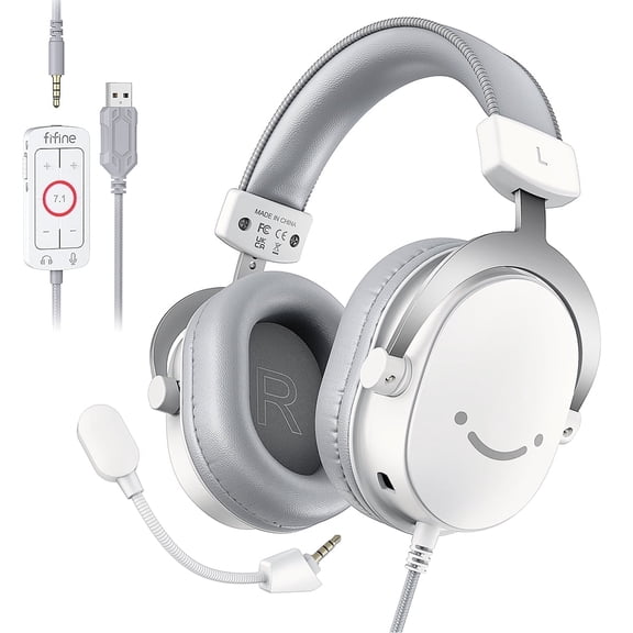 FIFINE H9 Gaming Headset, USB/3.5mm Headphone with Microphone for PC Computer, Xbox, PS5/PS4, 330g Lightweight, 7.1 Sound, Volume Control for Gamer, White