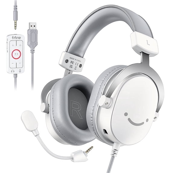 FIFINE H9 Gaming Headset, USB/3.5mm Headphone with Microphone for PC Computer, Xbox, PS5/PS4, 330g Lightweight, 7.1 Sound, Volume Control for Gamer, White