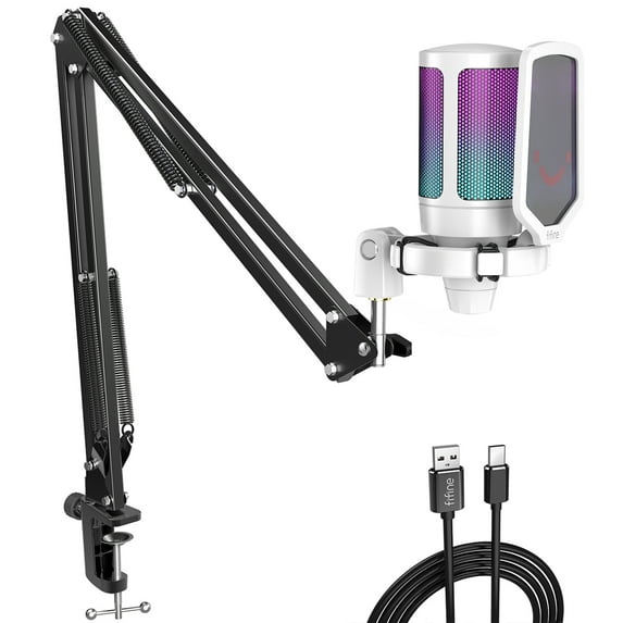 FIFINE A6TW Gaming Microphone Kit for PC Computer PS5/4, USB Streaming Microphone with 192kHz High-Res, Boom Arm, RGB, Condenser, Mute, Gain Control