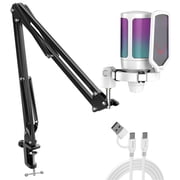 FIFINE A6TW Gaming Microphone Kit for PC Computer PS5/4, USB Streaming Microphone with 192kHz High-Res, Boom Arm, RGB, Condenser, Mute, Gain Control
