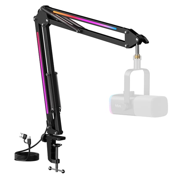 FIFINE RGB Heavy-Duty Boom Arm Stand for 3.3lb Microphone, 30 inch Adjustable Suspension Mic Arm with 3/8" to 5/8" Adapter, 2in Clamp Mount for Gaming/Streaming