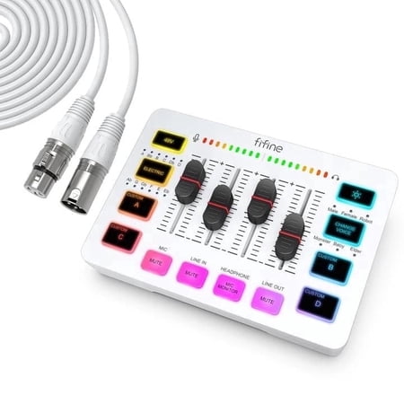 FIFINE SC3PLUS Gaming Audio Mixer, 4 Channels Audio Interface with XLR/6.35mm/3.5mm Inputs, RGB Streaming Sound Card with Monitor, 48V Power, Mute Button