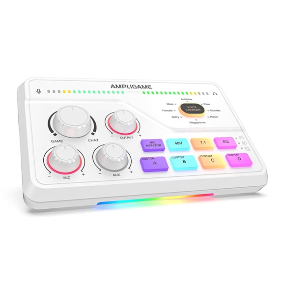 FIFINE SC8 Gaming Audio Mixer for XLR Microphone, Game and Chat Mix Button with Software, 3 Channel Audio Interface for Volume Control, 48V Power, White