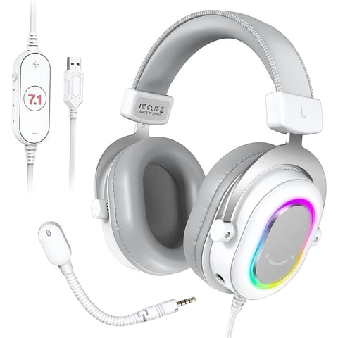 FIFINE H6 Wired Gaming Headset with Microphone for Computer PC, PS5/PS4, 330g Lightweight, USB Control Box with 7.1 Sound, EQ Mode for FPS Gamer, White