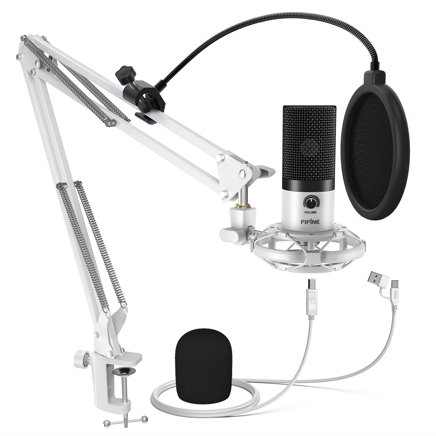 FIFINE T669 USB Studio Microphone Kit for PC Computer, Podcasting Microphone with Boom Arm Stand, Gain Control for Gaming, Streaming, Recording, White