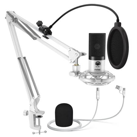 FIFINE T669 USB Studio Microphone Kit for PC Computer, Podcasting Microphone with Boom Arm Stand, Gain Control for Gaming, Streaming, Recording, White