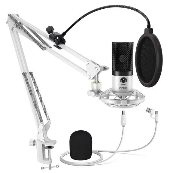 FIFINE T669 USB Studio Microphone Kit for PC Computer, Podcasting Microphone with Boom Arm Stand, Gain Control for Gaming, Streaming, Recording, White