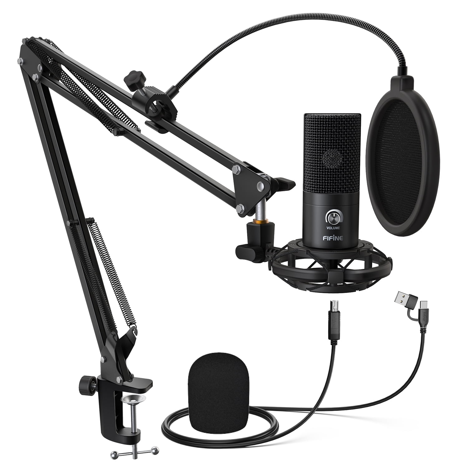 FIFINE T669 USB Studio Microphone Kit for PC Computer, Recording Microphone Bundle with Boom Arm, Gain Control, Pop Filter for Streaming, Podcasting