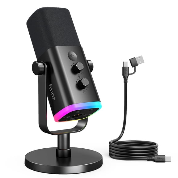 FIFINE AM8 XLR USB Dynamic Microphone for Computer PC PS5, Gaming/Streaming Mic with RGB, Headphone Jack, Mute, Gain Knob for Podcast, Music Recording