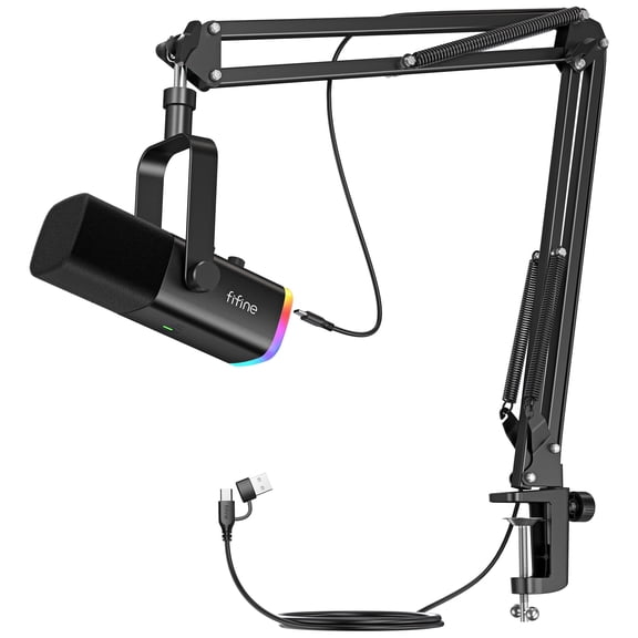FIFINE AM8 Dynamic Microphone with Boom Arm Stand, USB XLR Gaming Microphone Kit for PC Computer PS5 with RGB, Mute, Headphone Jack for Streaming AM8T