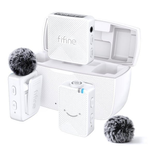 FIFINE M9 Dual Wireless Lavalier Microphones with Receiver for iPhone/Android/Camera, Mini Mics, Mute, 50m Stable Connect for Vlog, Video, Interview, White
