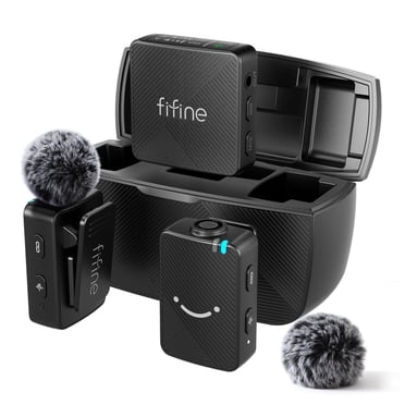 FIFINE M9 Dual Wireless Lavalier Microphones with Receiver for iPhone/Android/Camera, Mini Mics, Mute, 50m Stable Connect for Vlog, Podcast, Interview