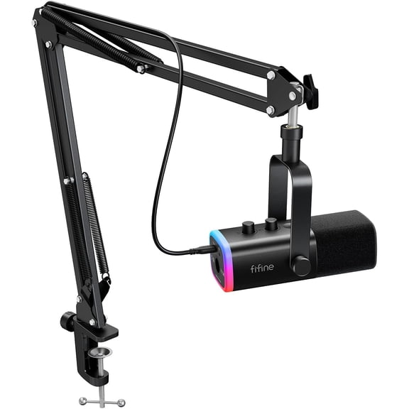 FIFINE XLR/USB Gaming Microphone Set, Dynamic PC Mic for Streaming Podcasting, Computer RGB Mic Kit with Boom Arm Stand, Mute Button, Headphones Jack, for Recording Vocal Voice-Over-AmpliGame AM8T