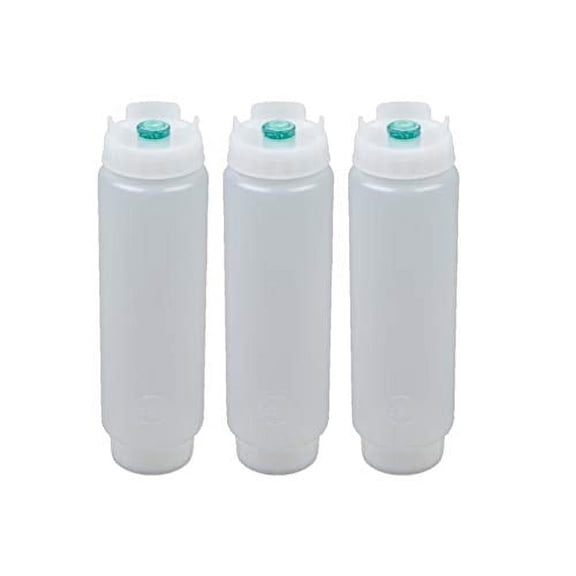 FIFO Squeeze Bottle Refillable 16 oz | Green Tip Small Valve Dispenser for Thin Condiments, Sauces, Batter and Dressing | Self Sealing No Drip No Hassle | (3 Pack)
