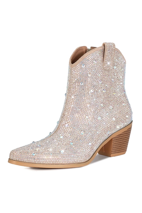 Rhinestone Boots Sequin Sparkly Booties, Pointed Toe Chunky High Heels Shiny Wedding Ankle Boots Glitter Block Heeled US7.5 EU37.5