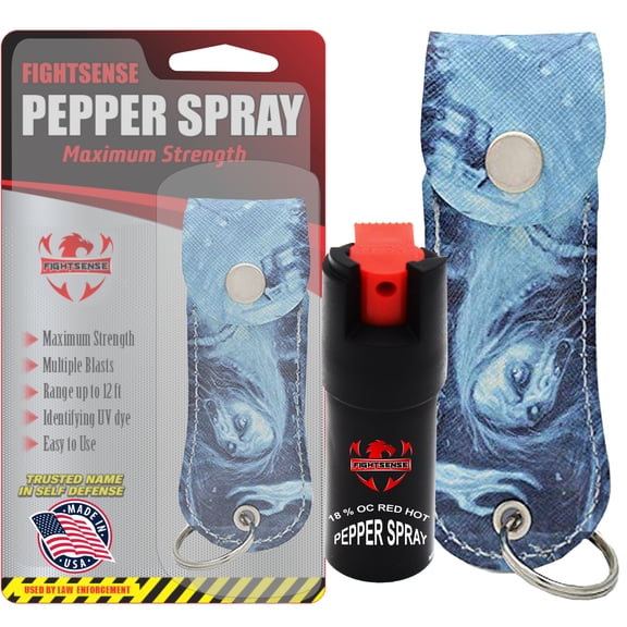 FIGHTSENSE Self Defense Pepper Spray - 1/2 oz Compact Size Maximum Strength Police Grade Formula Best Self Defense Tool for Women W/Leather Pouch Keychain