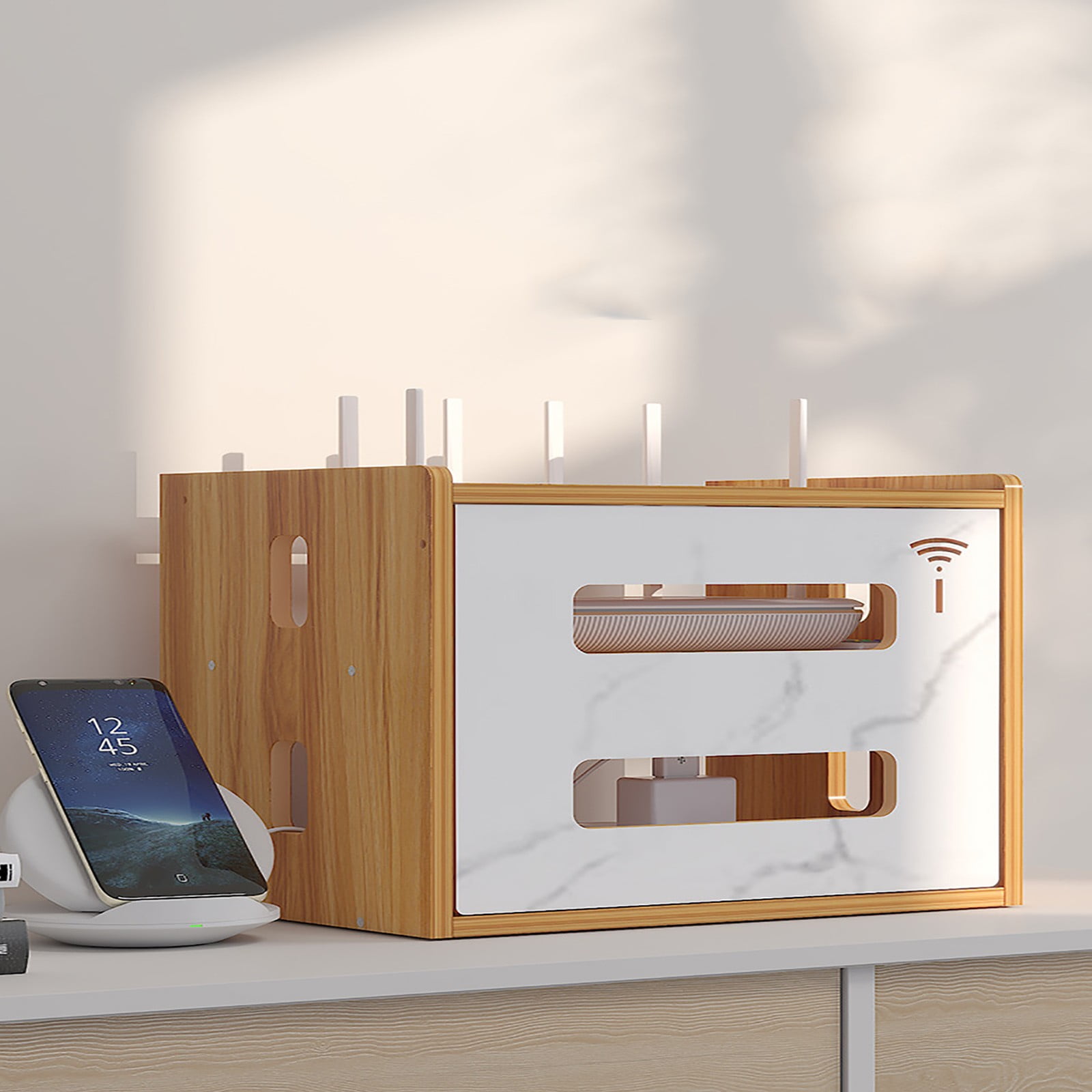 FIGHTY—New Desktop Wooden Router Storage Box WiFi Cable Organizer Set ...