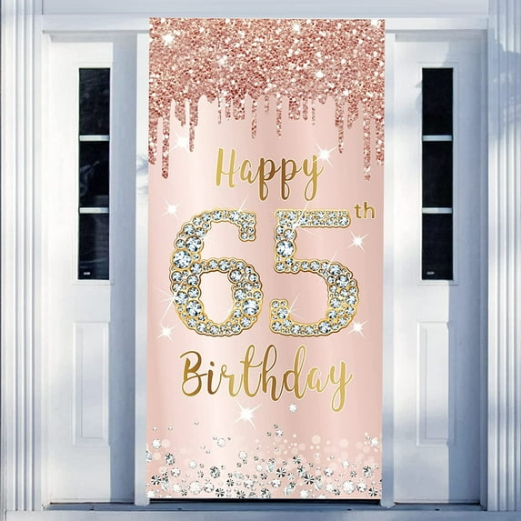 FIGT-65th Birthday Decorations Door Banner for Women, Pink Rose Gold Happy 65 Birthday Backdrop Party Supplies, 65 Year Old Birthday Poster Door Cover Sign Decor【0514】