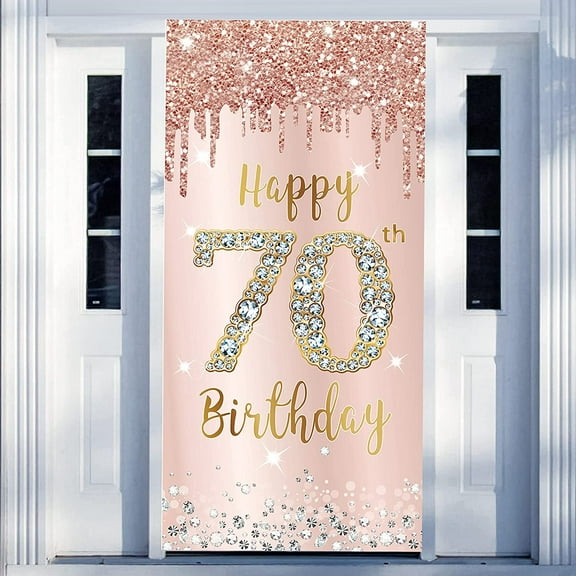 FIGT-70th Birthday Door Banner Decorations for Women, Pink Rose Gold Happy 70th Birthday Door Cover Backdrop Party Supplies, Large Seventy Year Old Birthday Poster Sign Decor【0514】
