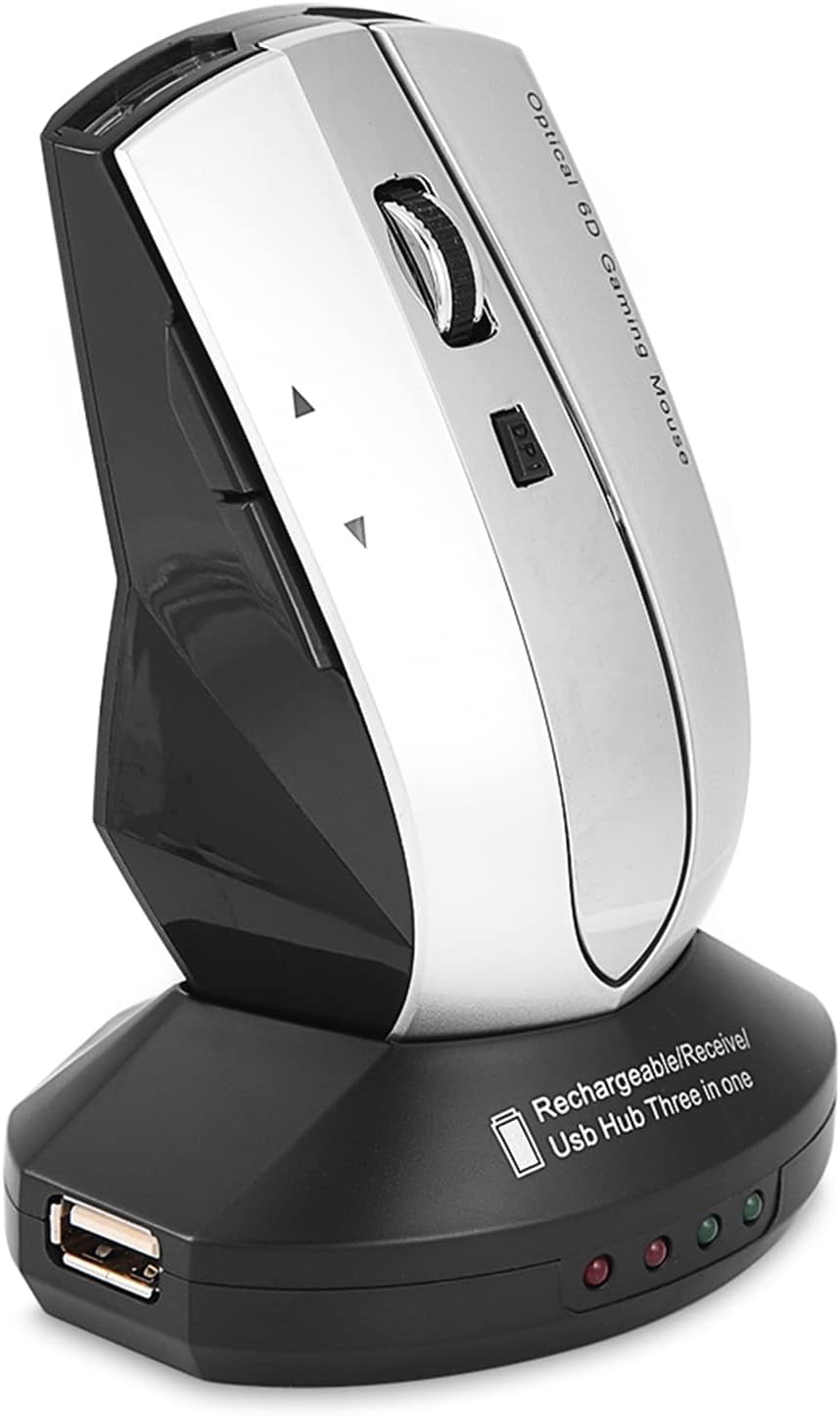FIGT-Rechargeable Wireless Gaming Mouse with Charging Dock Stand, 2.4G 3 Port USB Hubs Cordless Mice, for PC Laptop (Gray)【0516】